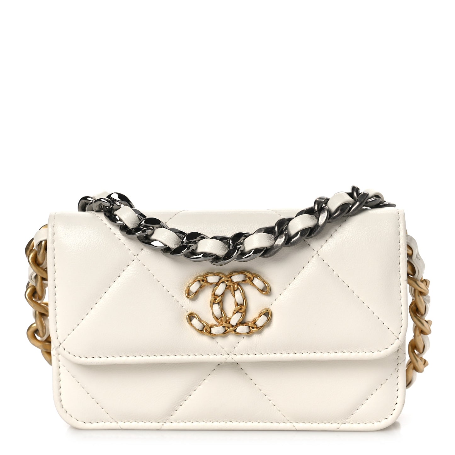 Lambskin Quilted Chanel 19 Clutch With Chain White