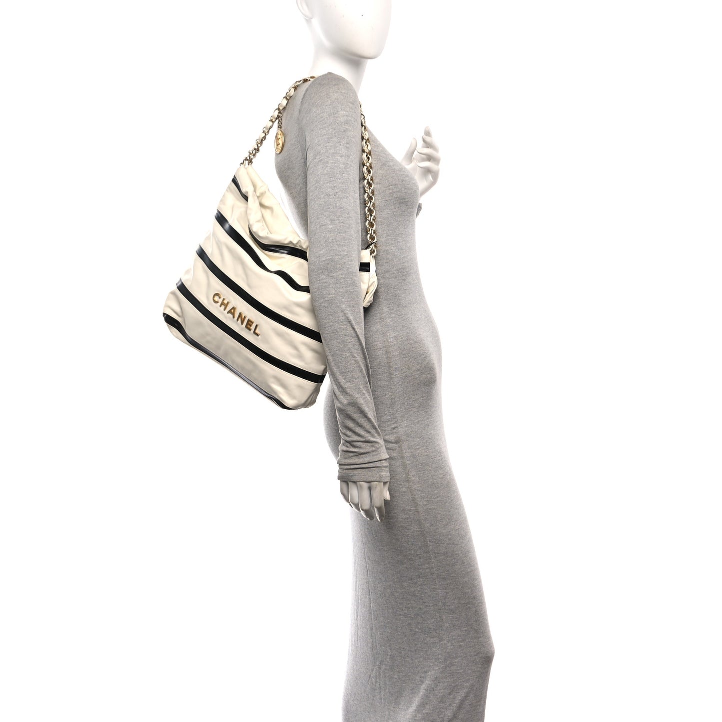 Shiny Calfskin Striped Small Chanel 22 Black White