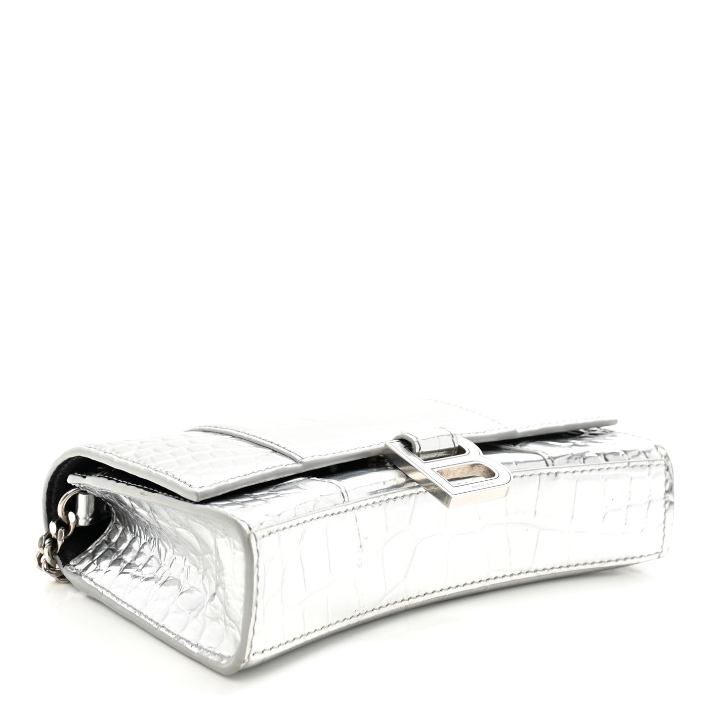 Metallic Calfskin Crocodile Embossed Hourglass Chain Bag Silver