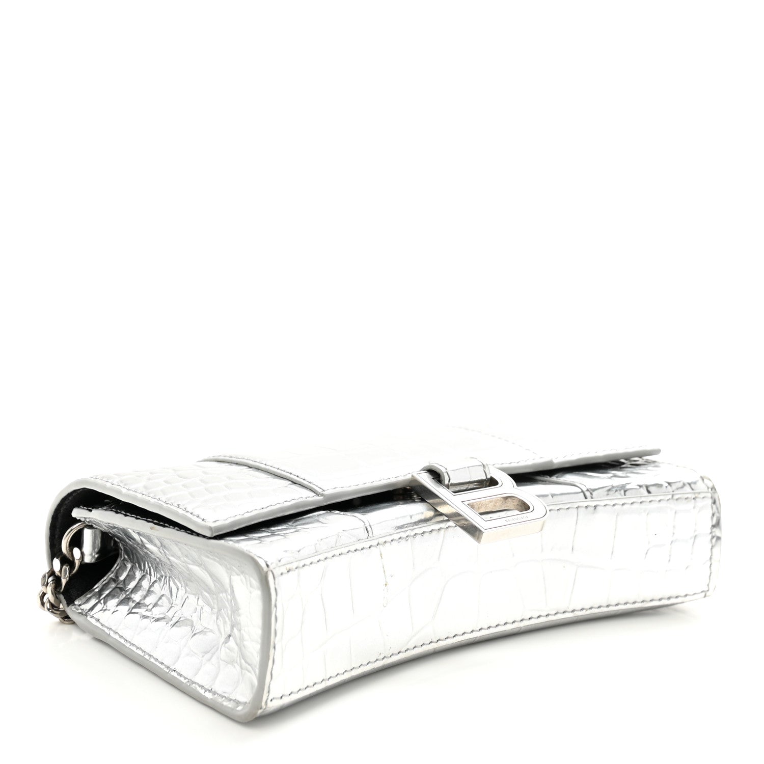Balenciaga Metallic Calfskin Crocodile Embossed Hourglass Chain Bag Silver 4 of 9
