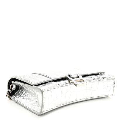 Balenciaga Metallic Calfskin Crocodile Embossed Hourglass Chain Bag Silver 4 of 9
