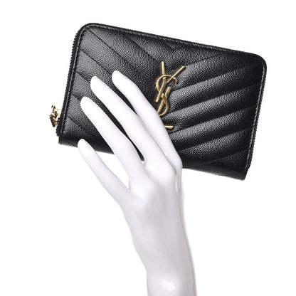 Saint Laurent Grain De Poudre Matelasse Chevron Monogram Zip Around Wallet Black 2 of 8