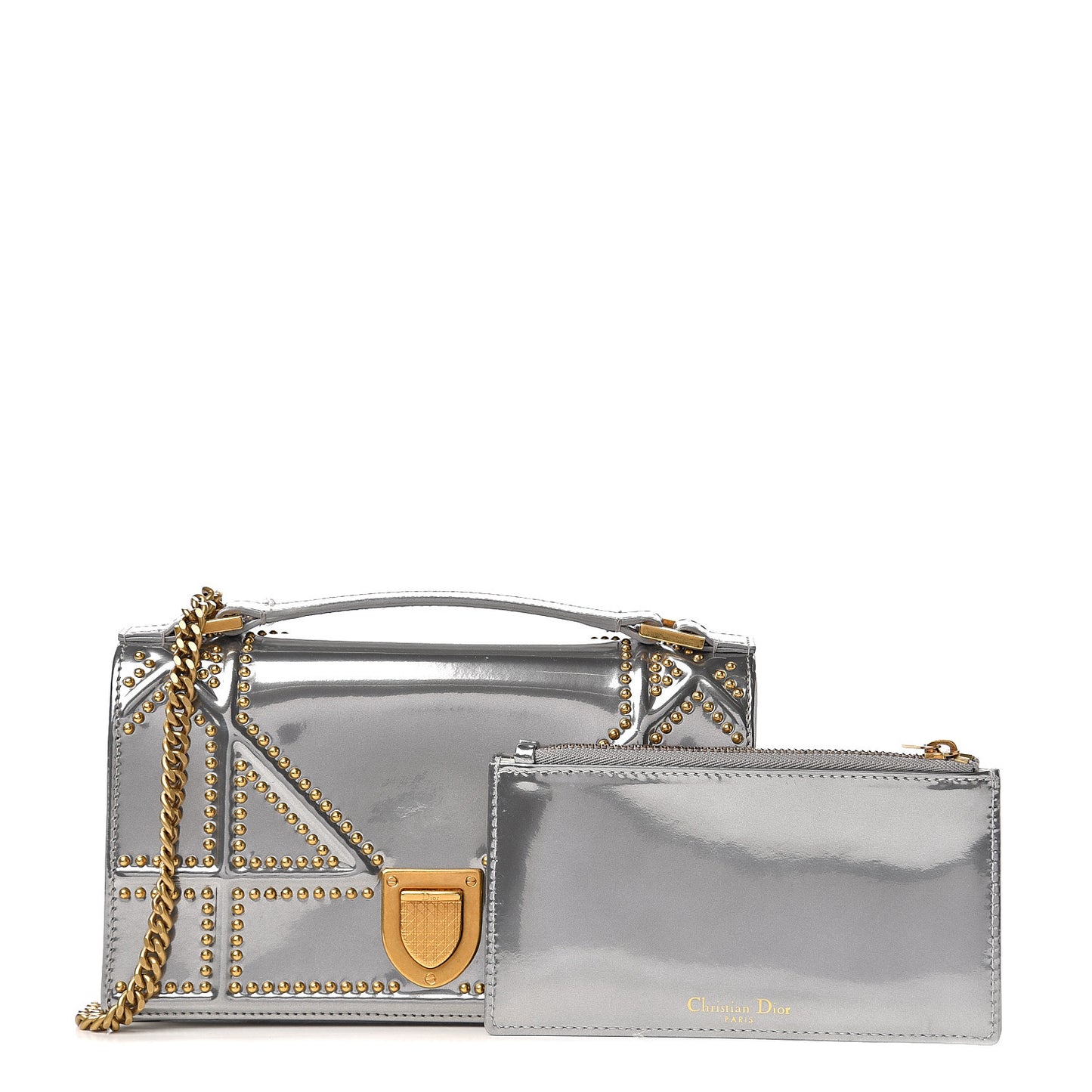 Metallic Patent Studded Diorama Top Handle Wallet on Chain Pouch Silver