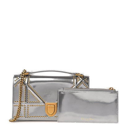 Christian Dior Metallic Patent Studded Diorama Top Handle Wallet on Chain Pouch Silver 2 of 12