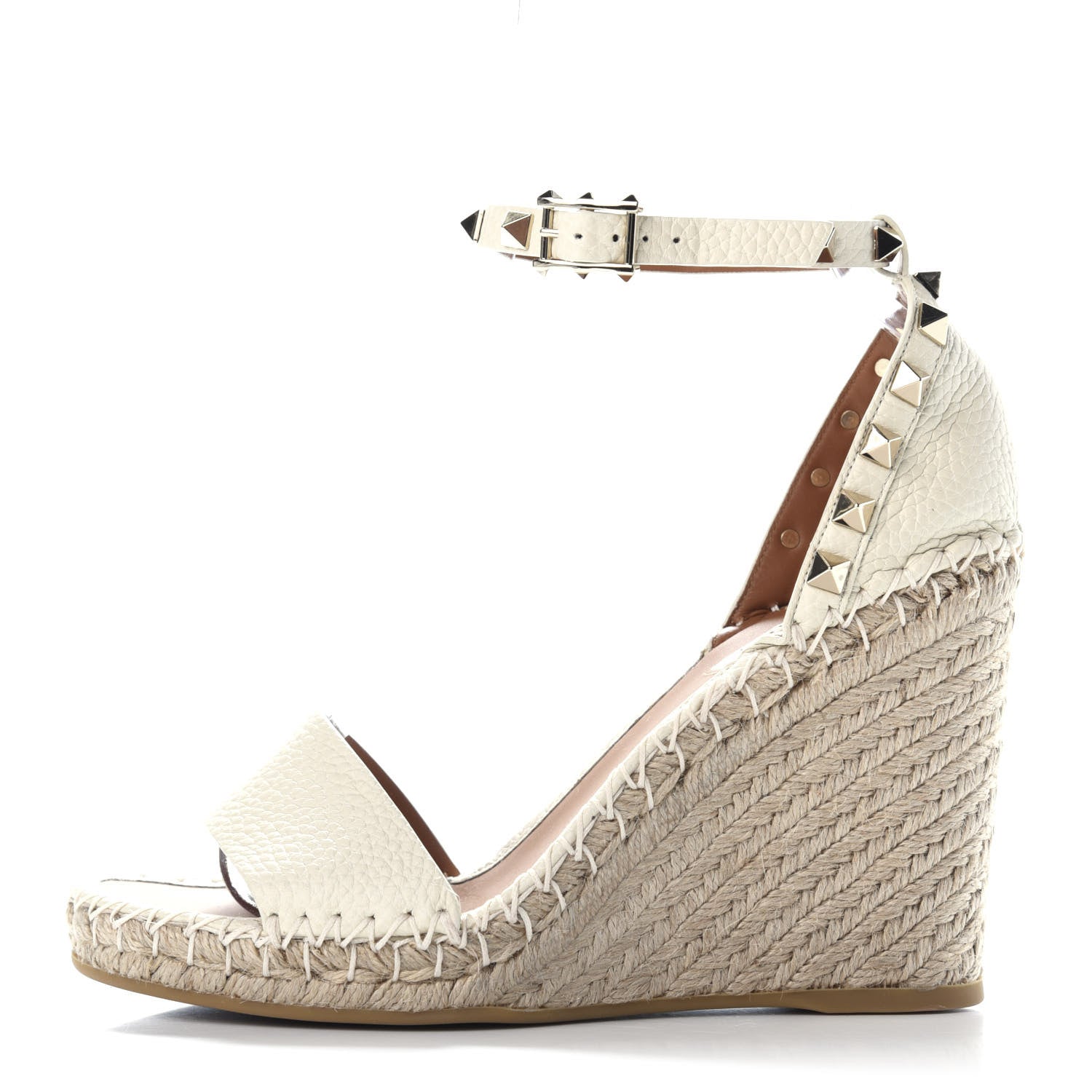Valentino Garavani Grained Calfskin Rockstud Ankle Strap Espadrille 15/105mm Wedge Sandals 37 Light Ivory Natural 1 of 11