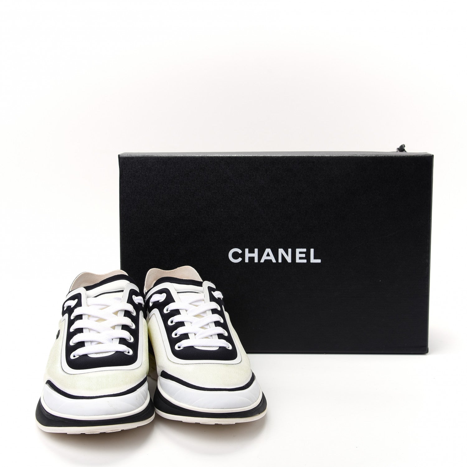 Chanel Lycra Womens CC Sneakers 37.5 White Black 10 of 10