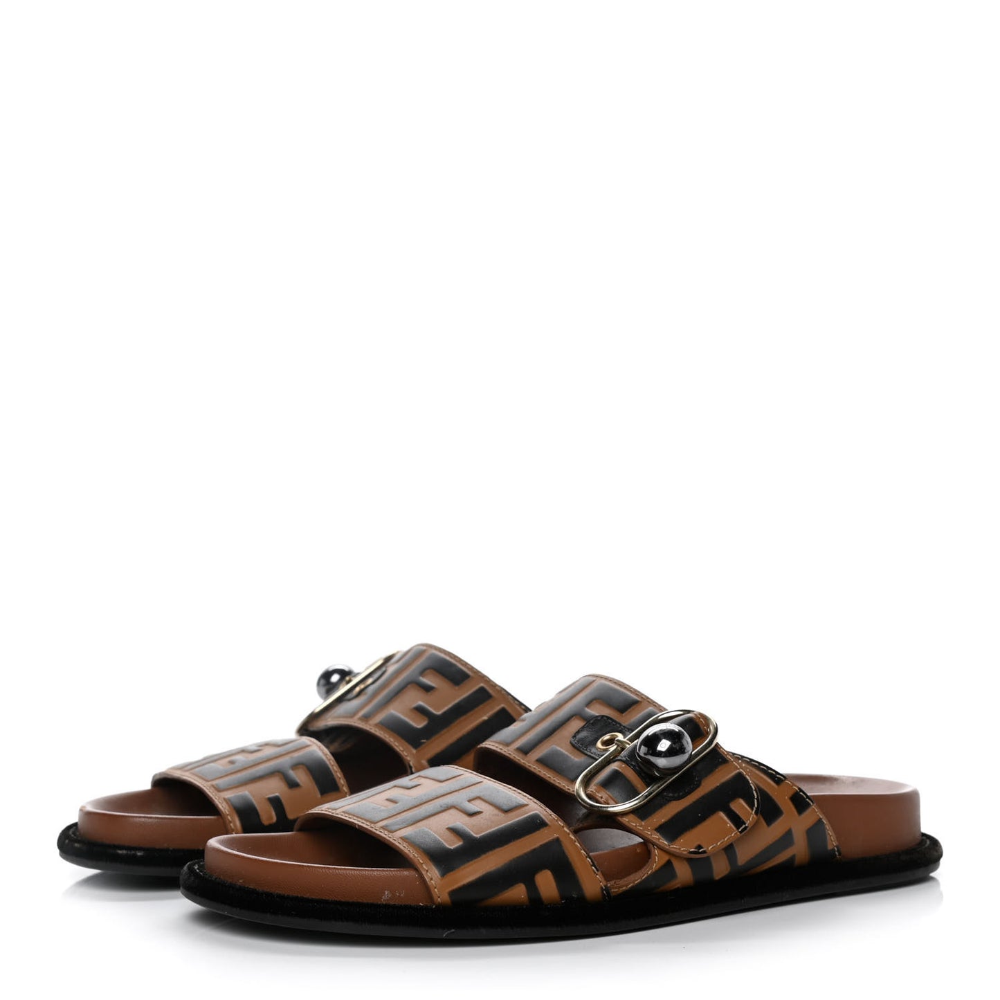 Calfskin FF Embossed Pearland Slide Sandals 36 Tobacco Moro