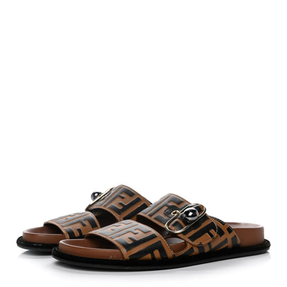 Fendi Calfskin FF Embossed Pearland Slide Sandals 36 Tobacco Moro 3 of 10