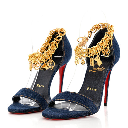 Christian Louboutin Denim Gourmi 100 Sandals 37.5 Blue Gold 3 of 8
