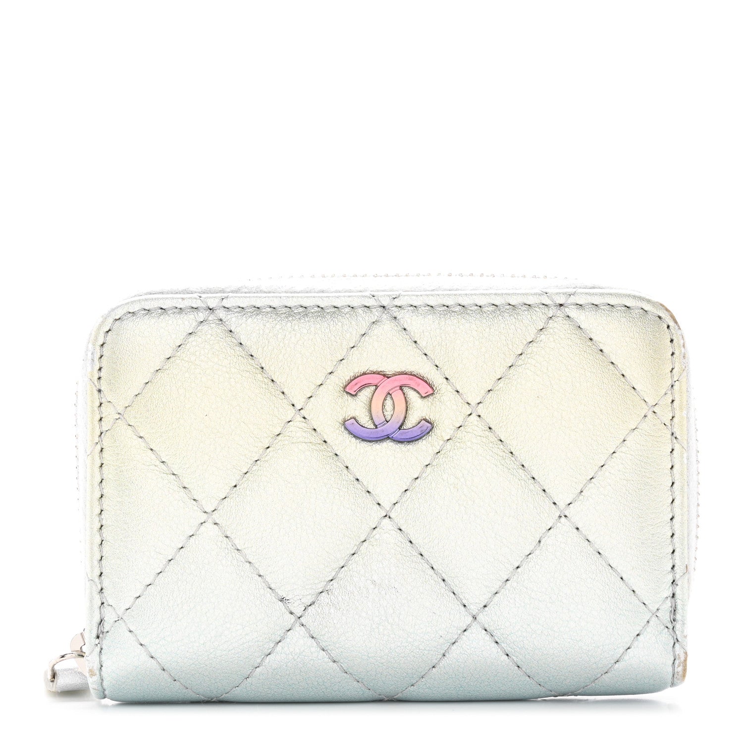 Chanel Gradient Metallic Calfskin Quilted Zip Around Coin Purse Wallet Silver Blue Yellow Purple 1 of 12
