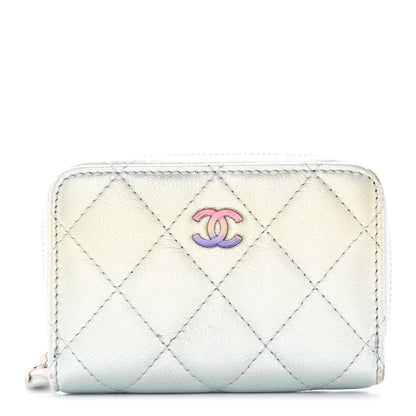 Chanel Gradient Metallic Calfskin Quilted Zip Around Coin Purse Wallet Silver Blue Yellow Purple 1 of 12