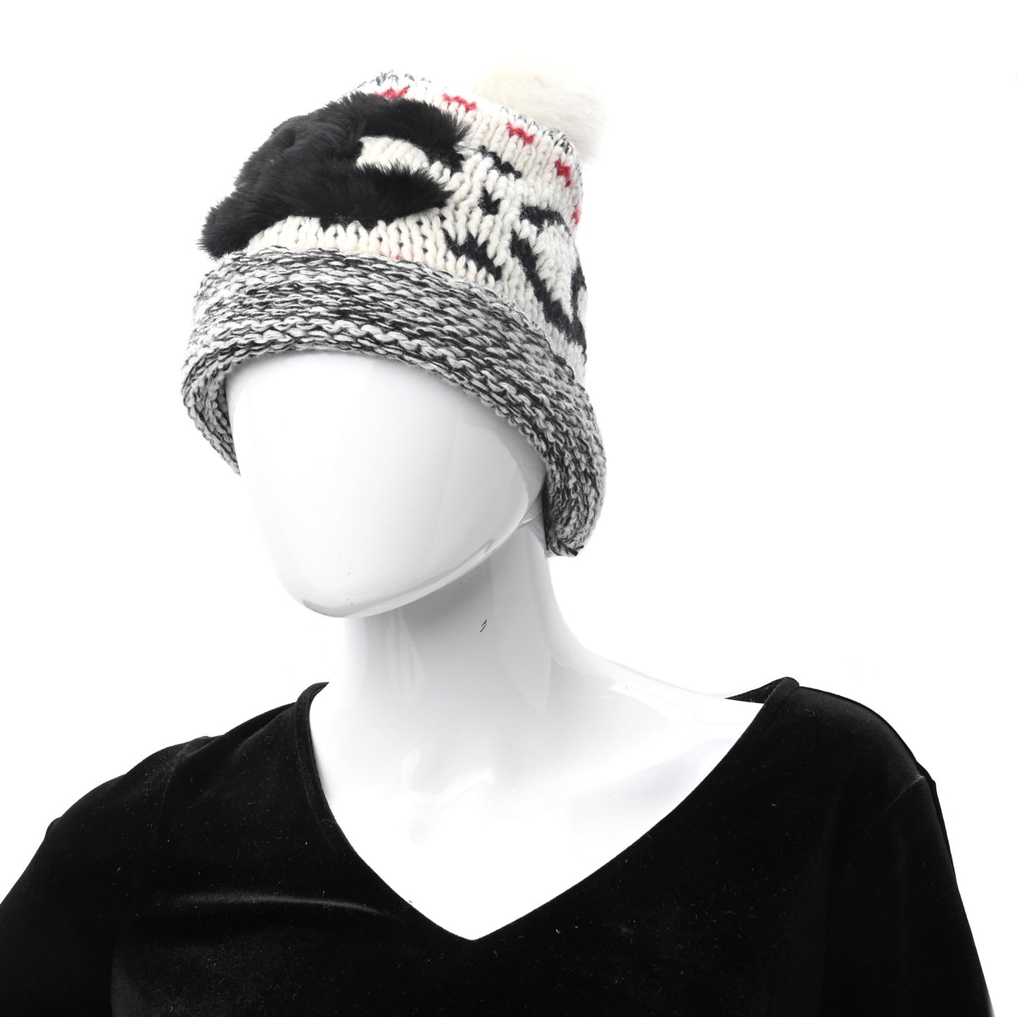 Wool Shearling CC Beanie Hat Ivory Black Red