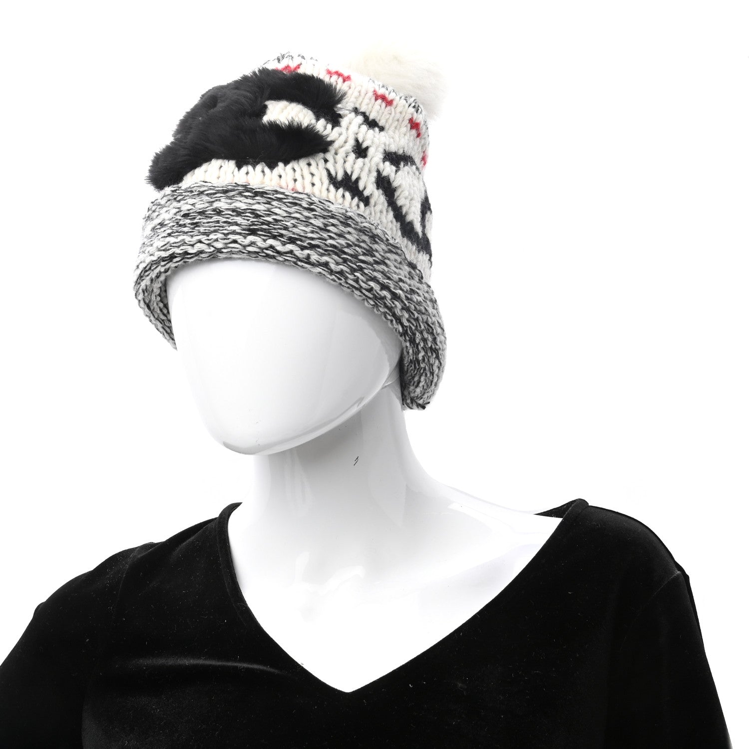 Chanel Wool Shearling CC Beanie Hat Ivory Black Red 6 of 7