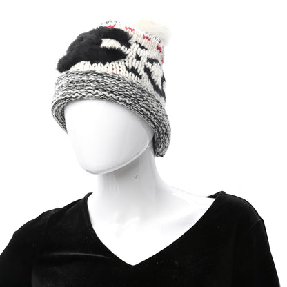 Chanel Wool Shearling CC Beanie Hat Ivory Black Red 6 of 7