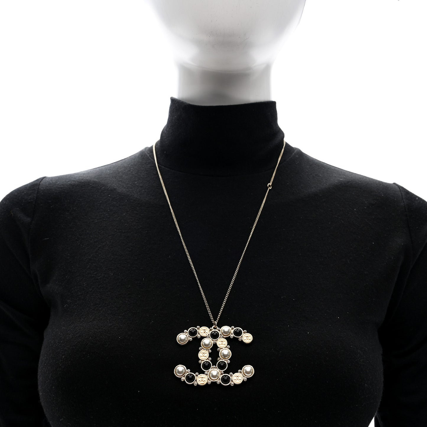 Crystal Pearl CC Chain Necklace Gold Black