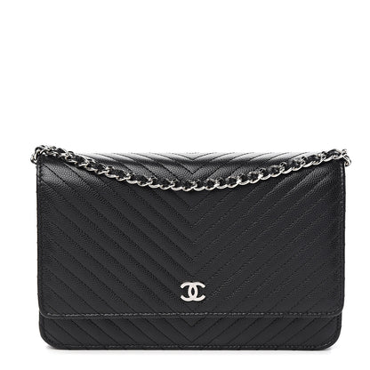 Chanel Caviar Chevron Quilted Wallet On Chain WOC Black 1 of 11