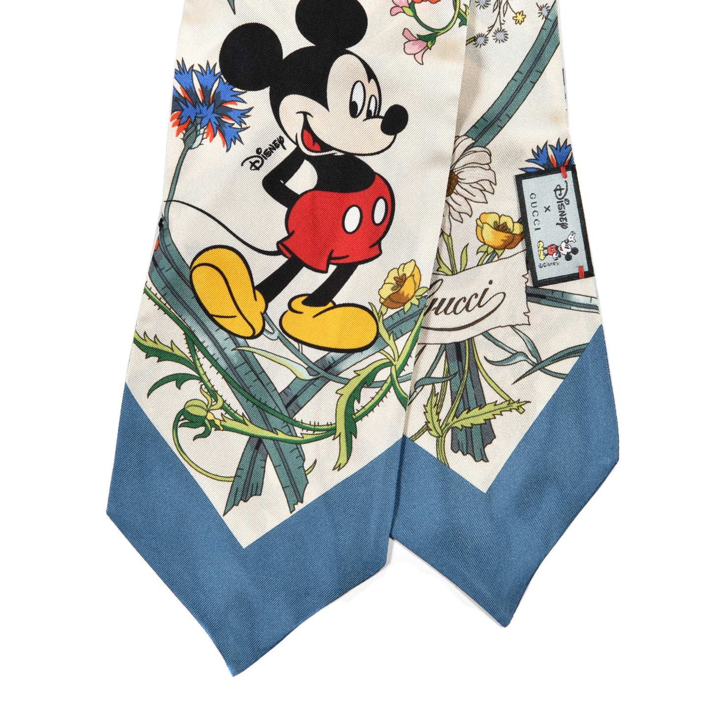 X DISNEY Silk Twill Mickey Lac Neck Bow Scarf Ivory Blue