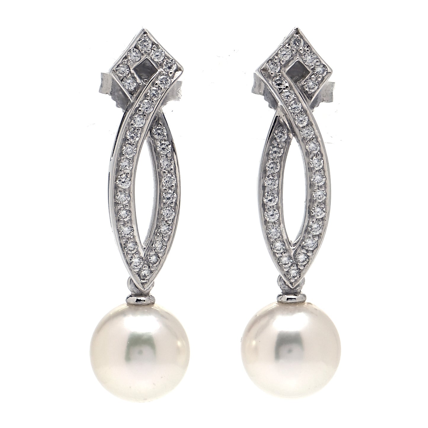 18K White Gold Diamond Pearl 7mm Lattice Drop Earrings
