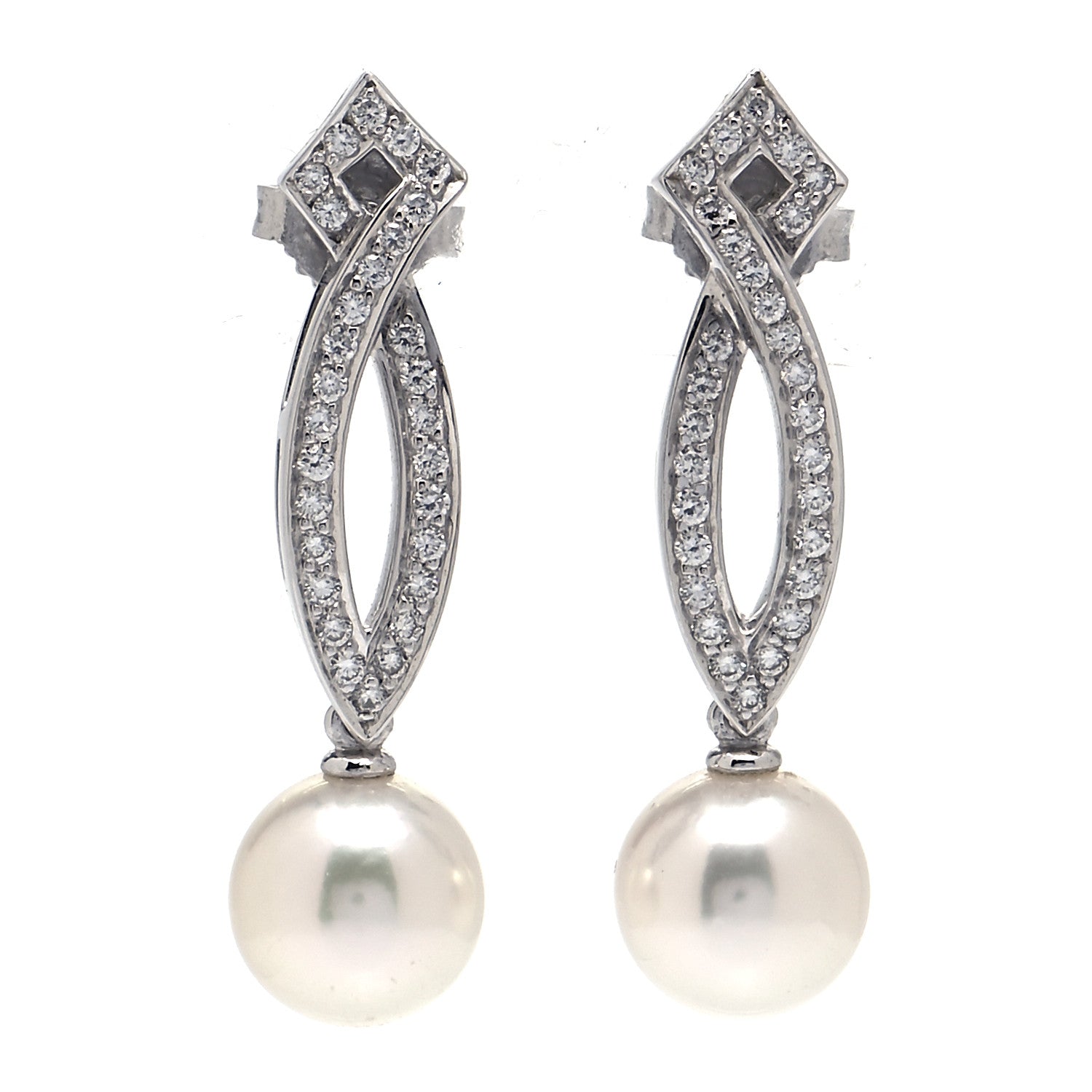 Mikimoto 18K White Gold Diamond Pearl 7mm Lattice Drop Earrings 1 of 6