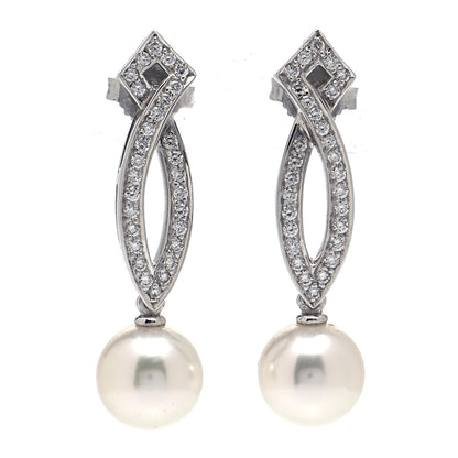 Mikimoto 18K White Gold Diamond Pearl 7mm Lattice Drop Earrings 1 of 6