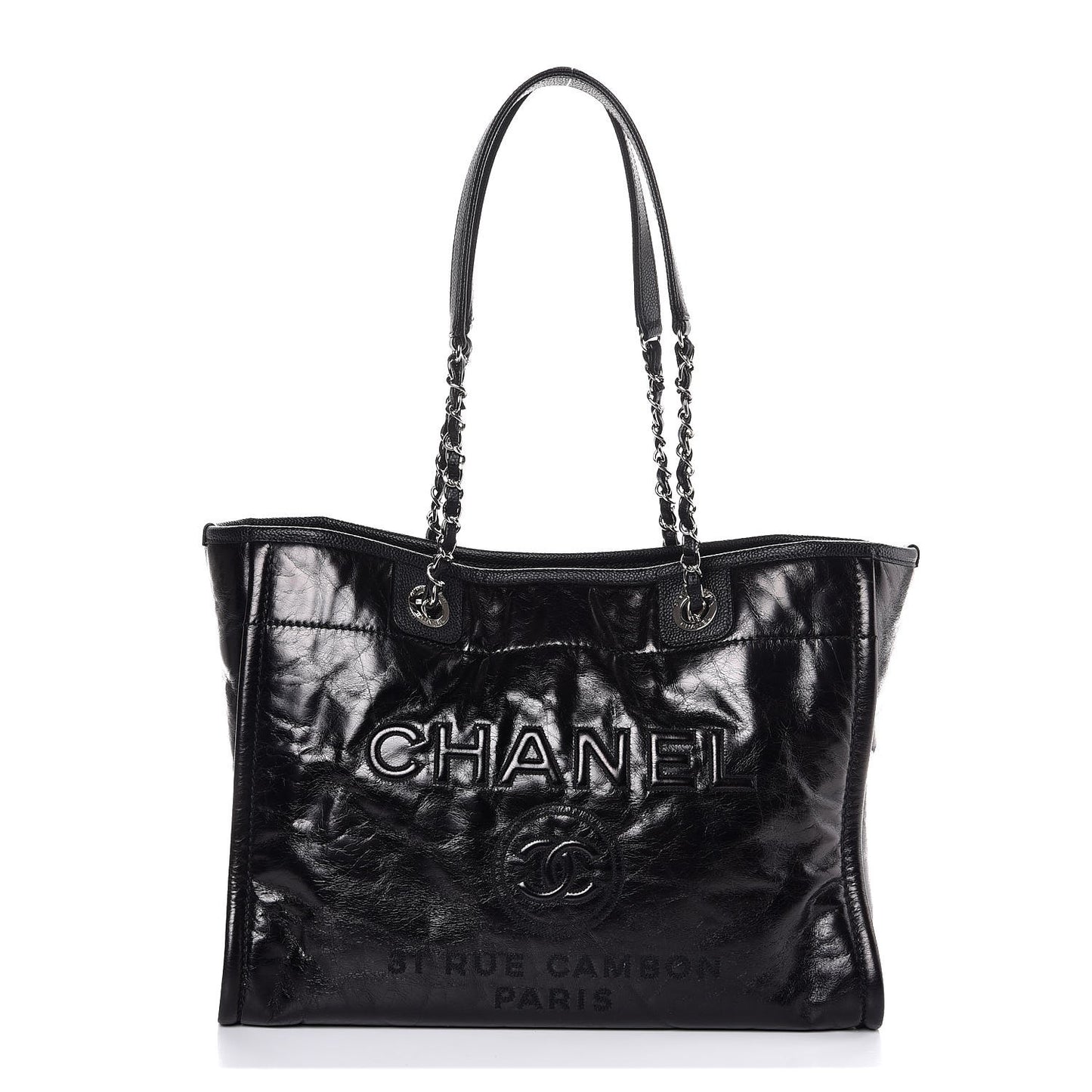 Glazed Calfskin Small Deauville Tote Black