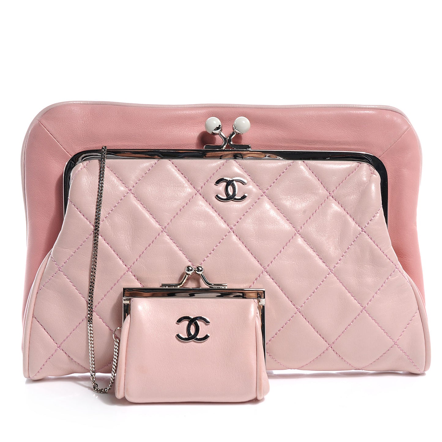 Lambskin Quilted Resin Pearl Clasp Clutch Pink