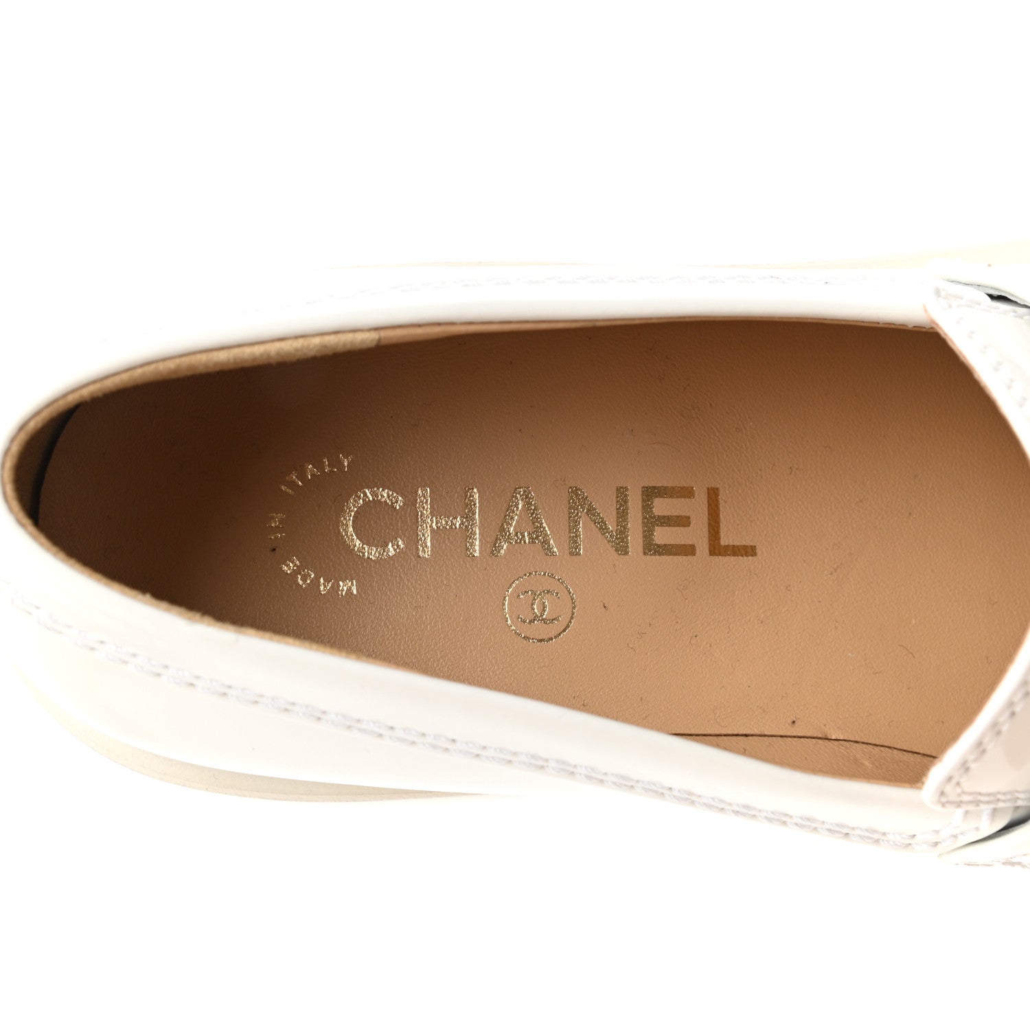 Chanel Shiny Calfskin Logo Loafers 37.5 White 7 of 9