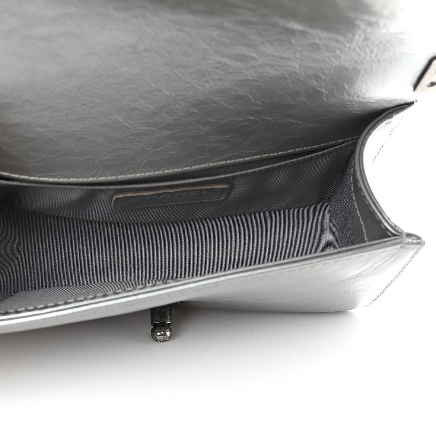 Metallic Aged Calfskin Quilted Small Boy Handle Flap Charcoal