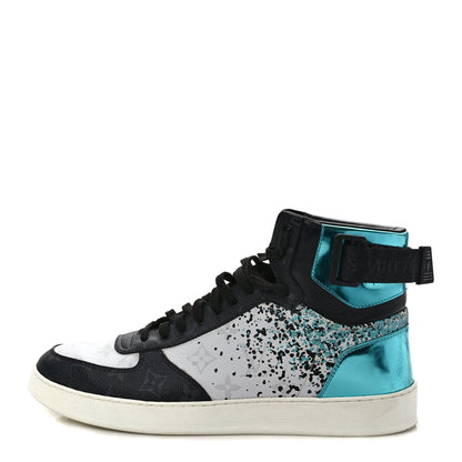Louis Vuitton Metallic Calfskin Monogram Mens Rivoli High Top Sneakers 8.5 Blue Black 1 of 8
