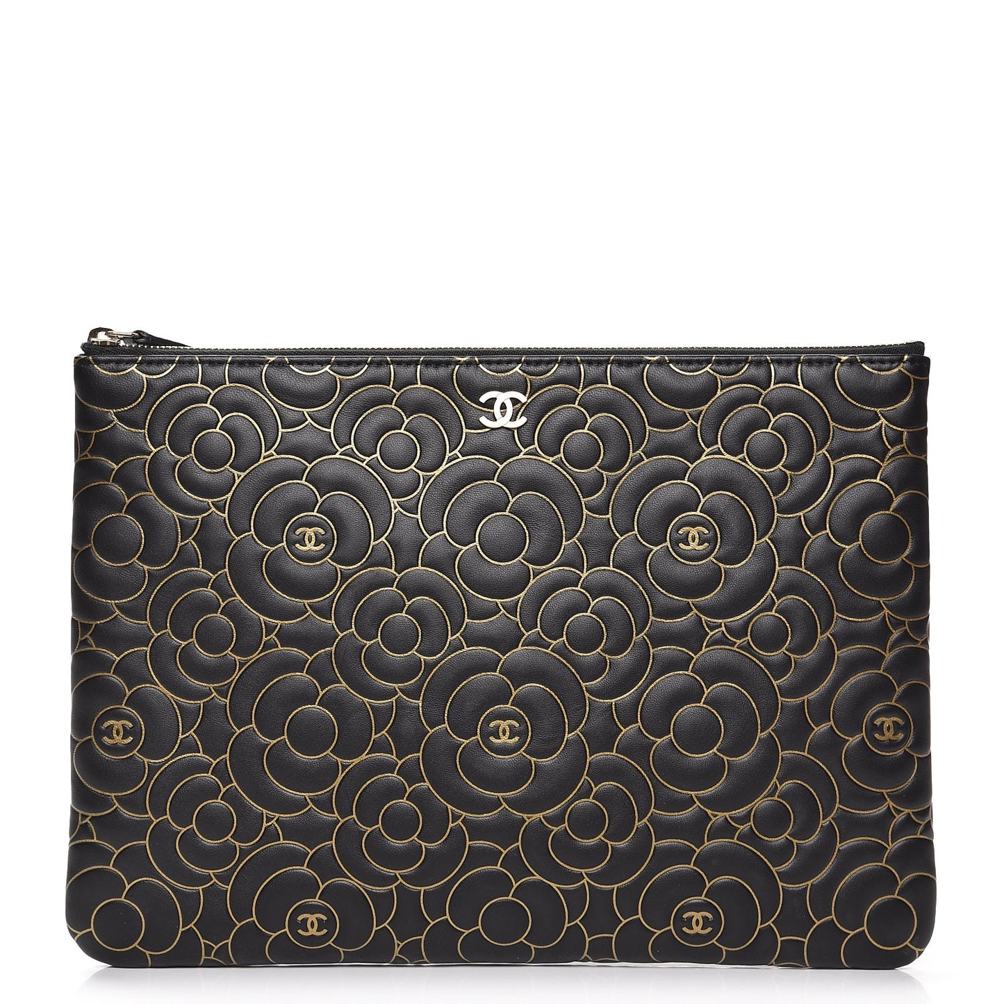 Lambskin Camellia Embossed Medium Cosmetic Case Black Gold