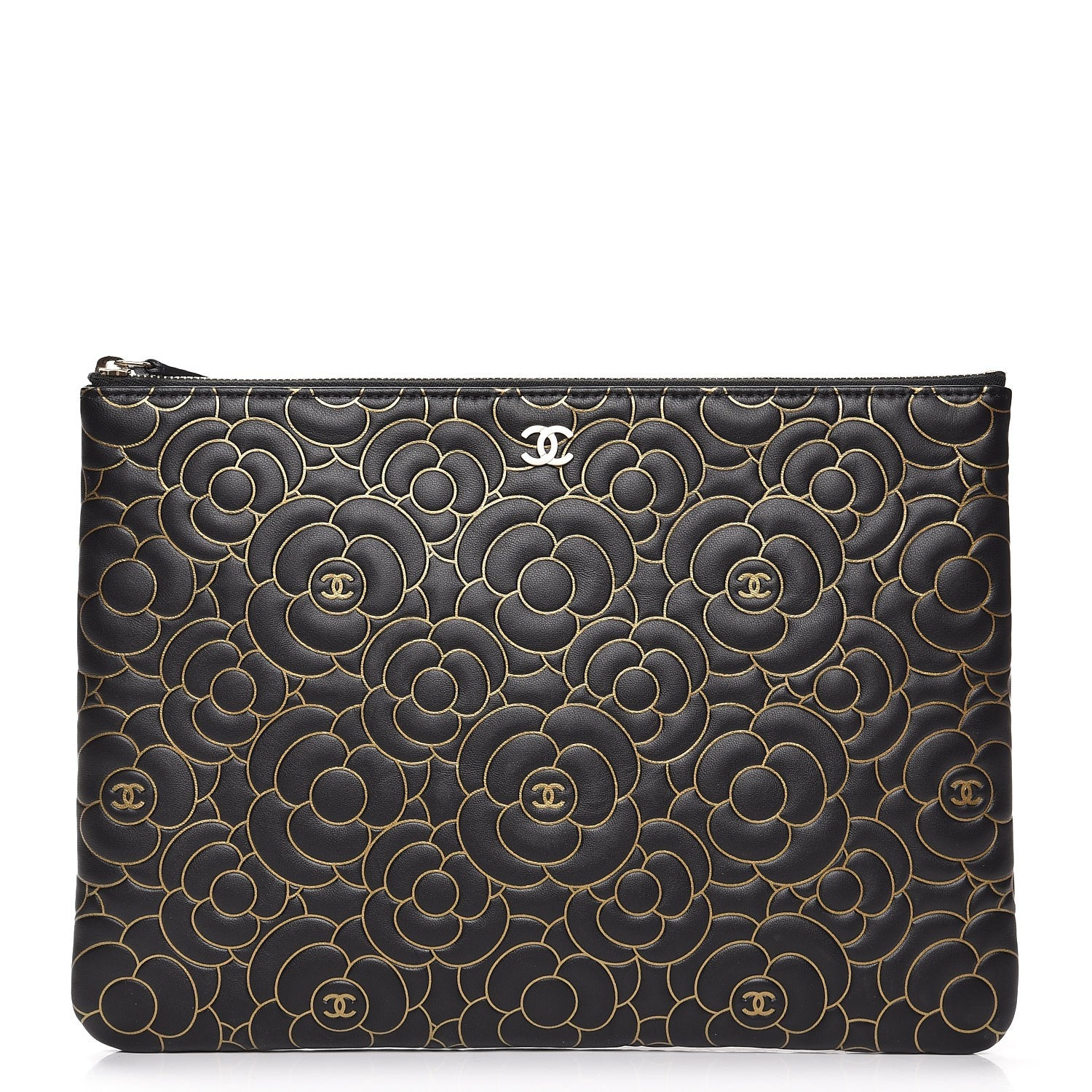 Chanel Lambskin Camellia Embossed Medium Cosmetic Case Black Gold 1 of 7