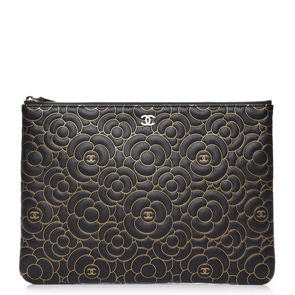 Chanel Lambskin Camellia Embossed Medium Cosmetic Case Black Gold 1 of 7