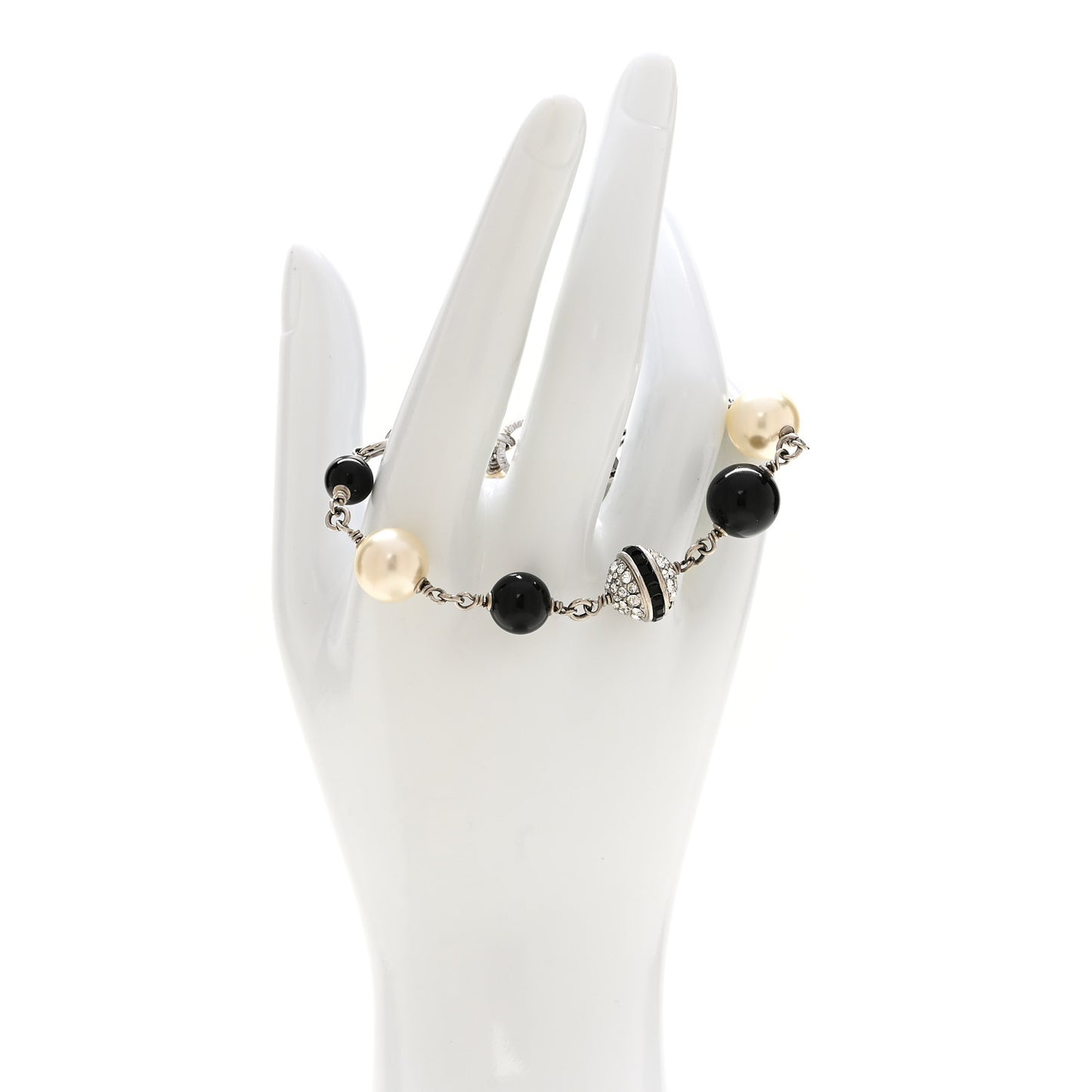 Pearl Bead Crystal CC Bracelet White Black Silver
