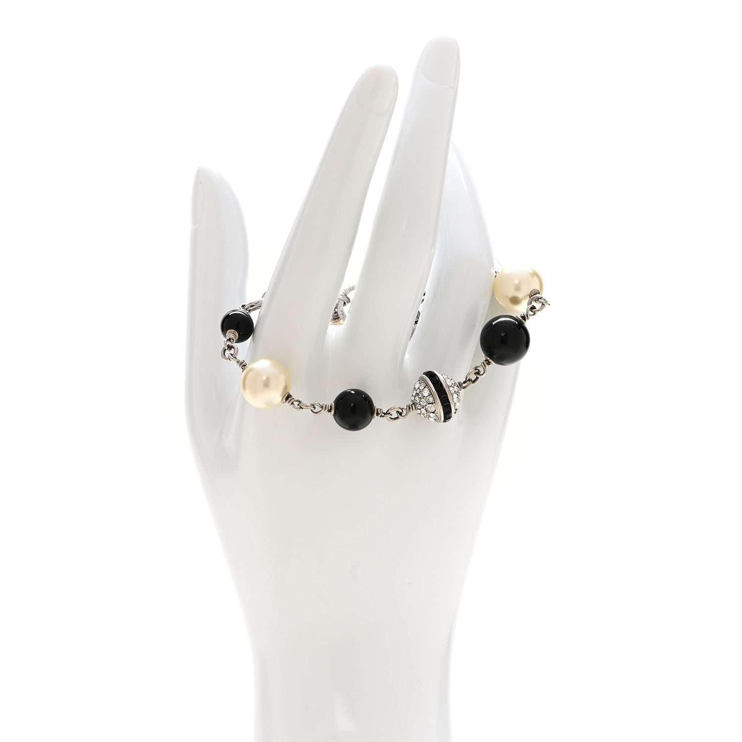 Chanel Pearl Bead Crystal CC Bracelet White Black Silver 2 of 4