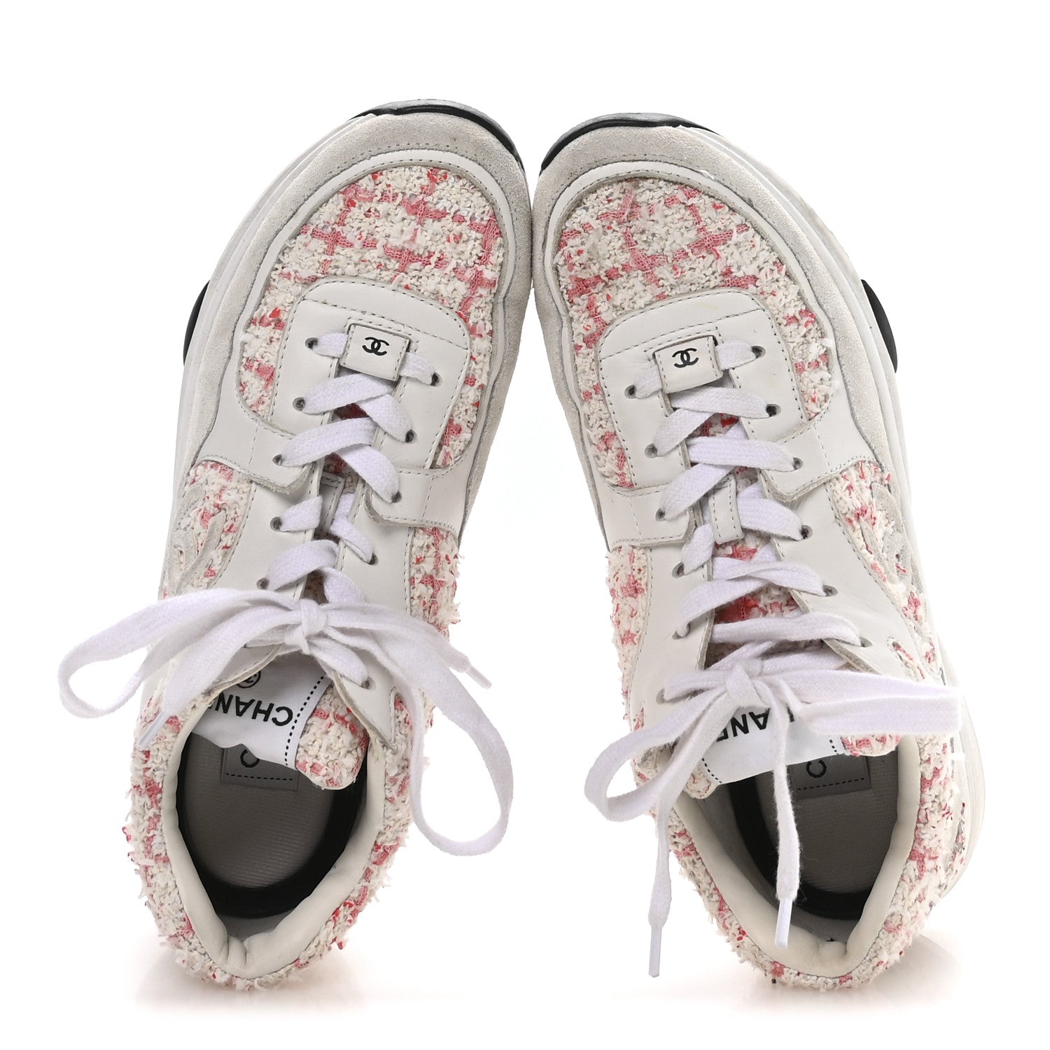 Chanel Tweed Suede Calfskin Womens CC Sneakers 39.5 Ecru Pink Red