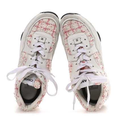 Chanel Tweed Suede Calfskin Womens CC Sneakers 39.5 Ecru Pink Red White 2 of 8