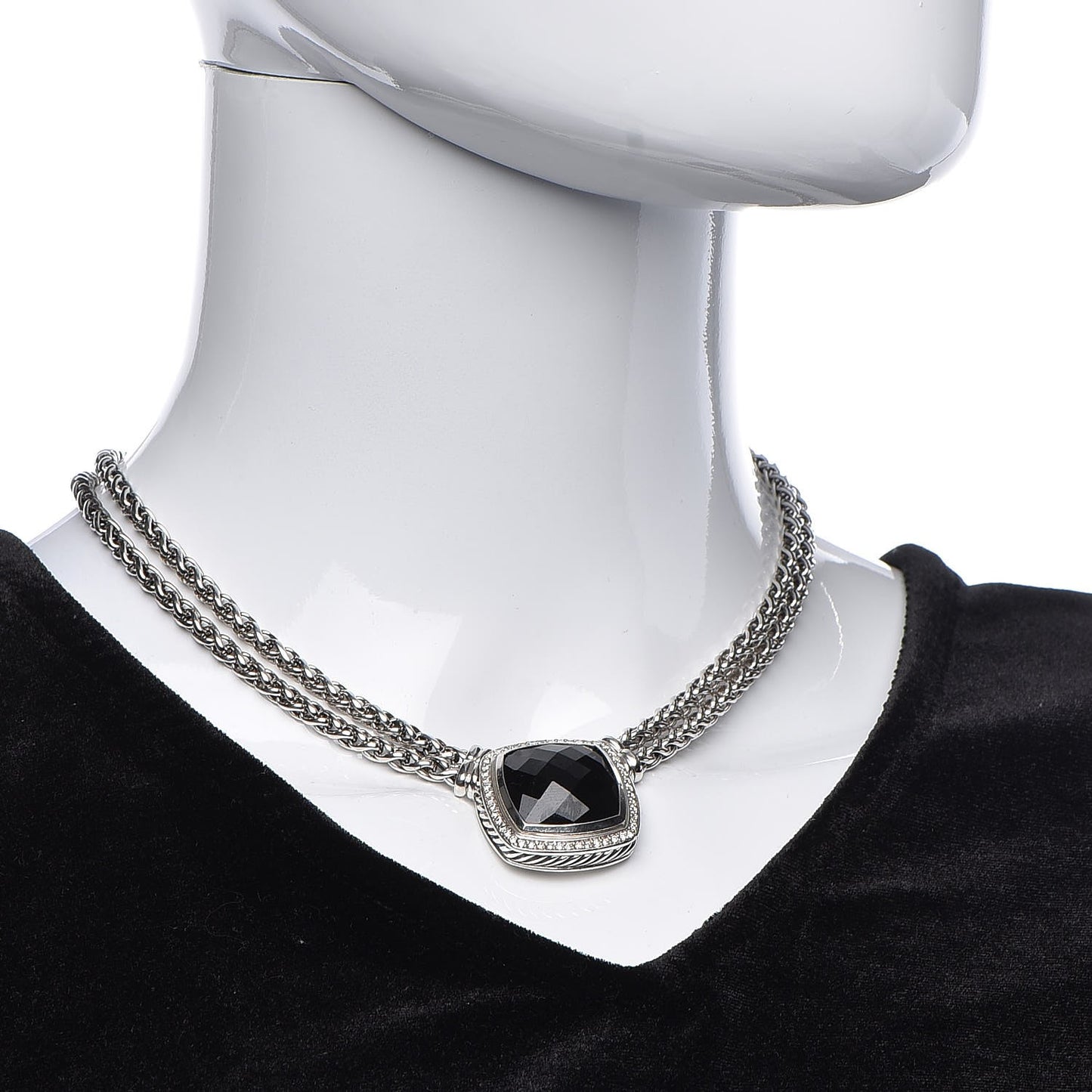 Sterling Silver Diamond Black Onyx 19mm Albion Double Wheat Chain Necklace