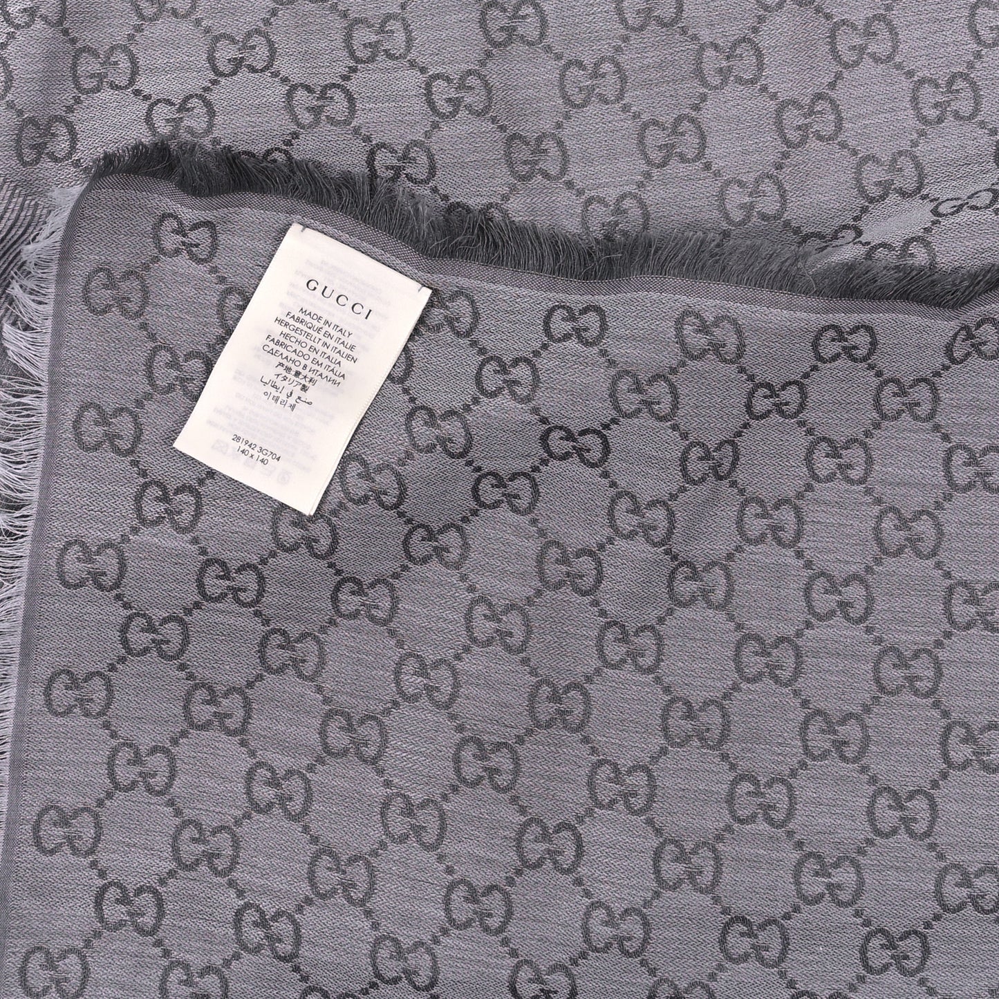 Wool Silk Monogram GGWeb Fringe Shawl Pearl Medium Grey