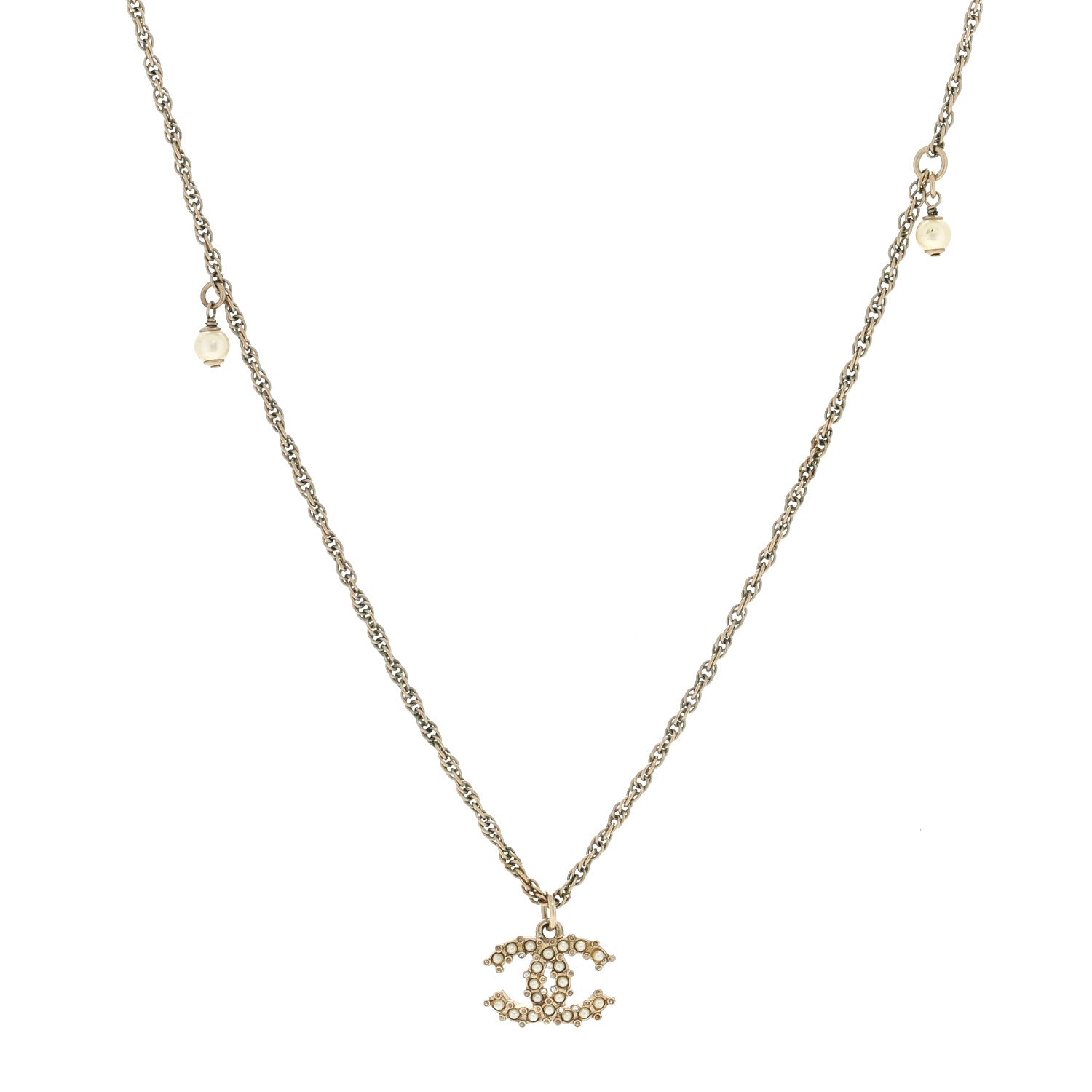 Chanel Metal Pearl Crystal CC Textured Pendant Necklace Gold 1 of 4
