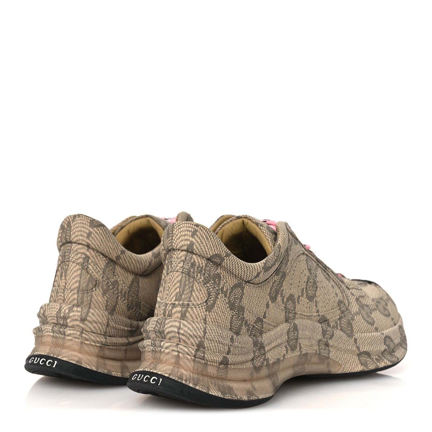 Ultralight Plume Calfskin Monogram Printed Womens Gucci Run Sneakers 37.5 Beige Ebony