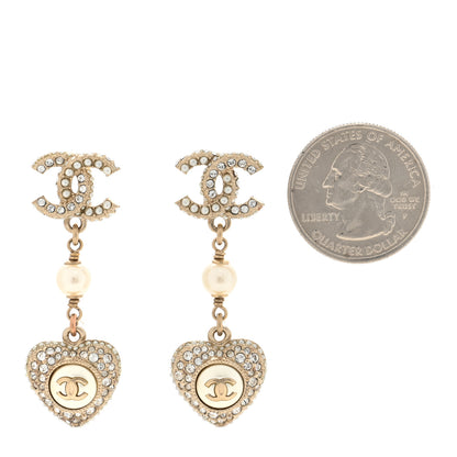 Chanel Pearl Crystal CC Heart Drop Earrings Gold White 2 of 5