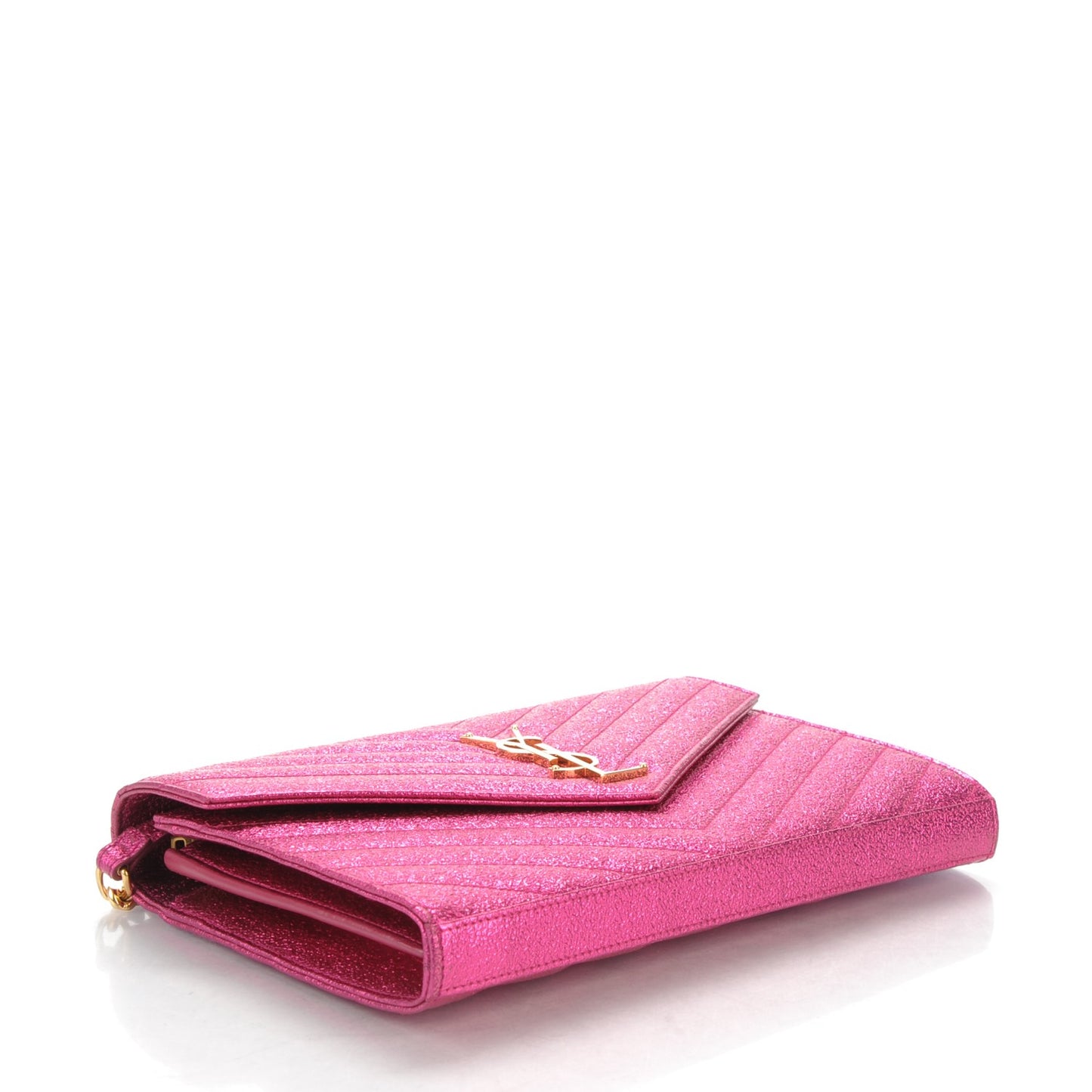 Metallic Crackled Calfskin Matelasse Chevron Monogram Chain Wallet Fuchsia