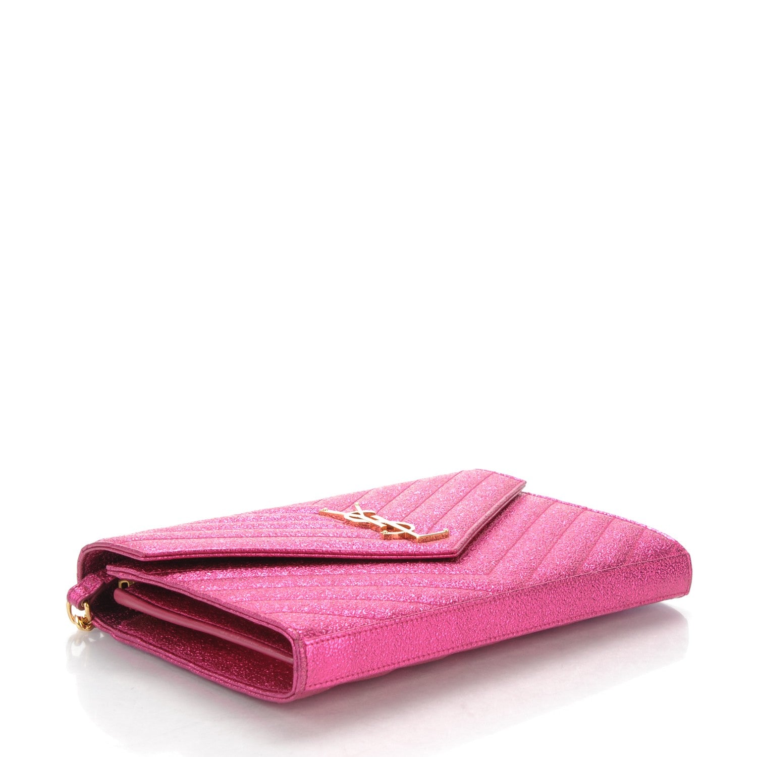 Saint Laurent Metallic Crackled Calfskin Matelasse Chevron Monogram Chain Wallet Fuchsia 4 of 6