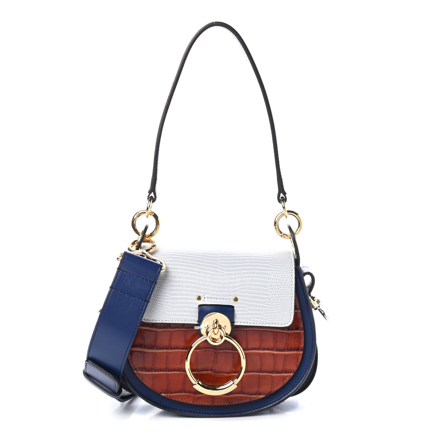 Shiny Calfskin Crocodile Embossed Small Tess Bag Blue Brown