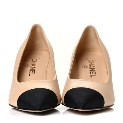 Chanel Lambskin Grosgrain Cap Toe CC Pumps 36.5 Beige Black 2 of 7