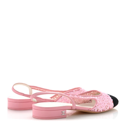 Chanel Sequins Satin Cap Toe CC Slingback Flat 38.5 Pink Black 5 of 10