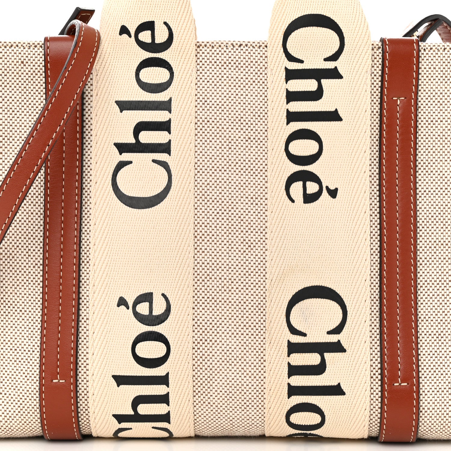 Chloe Cotton Calfskin Small Woody Ribbon Tote With Strap White Brown 8 of 10