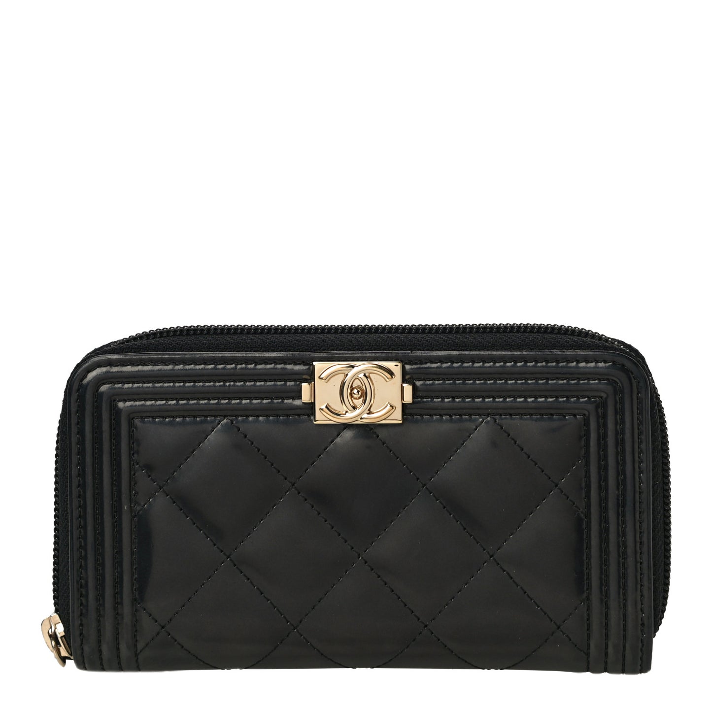 Glazed Calfskin Quilted Small Boy Zip Around Wallet Black