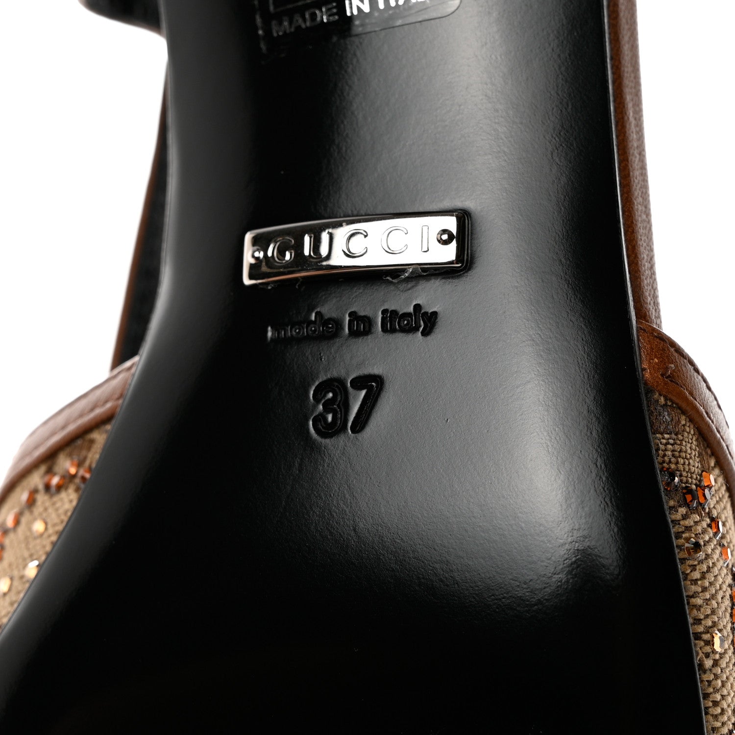 Gucci GG Monogram Malaga Kid Crystal Square G 35mm Slingback Pumps 37 Camel Ebony Cuir 7 of 9