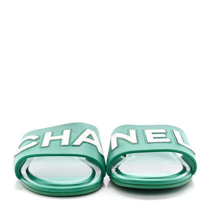 Chanel Calfskin Patent Calfskin Logo Mules 38 Green White 2 of 14